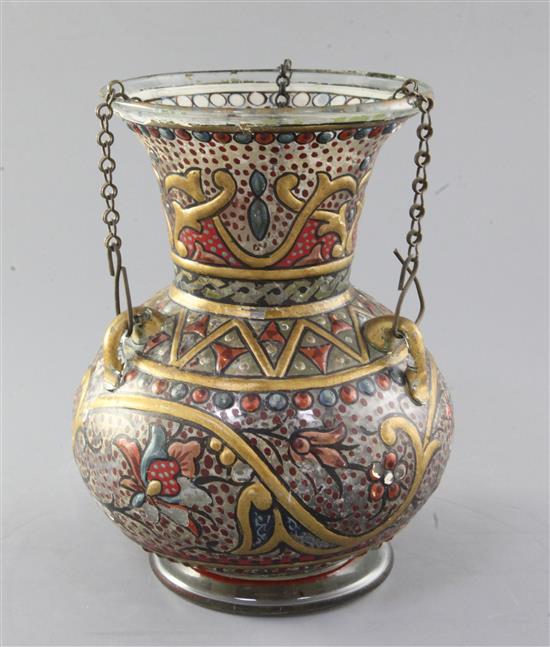 An Islamic painted glass mosque lamp, Ottoman, late 19th / early 20th century, height 21.5cm